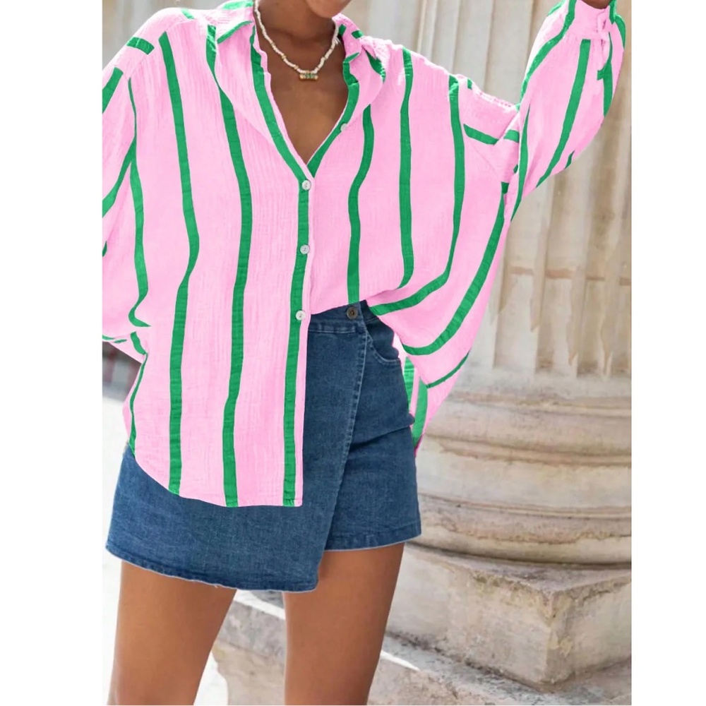 Pink with Green Stripes Oversized Button Down Shirt Long Sleeve - Picture 3 of 8